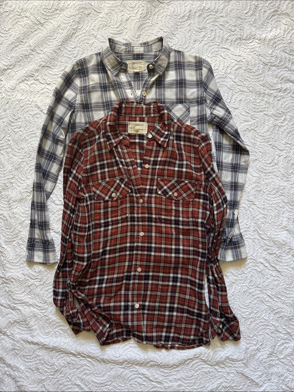 2x Current/Elliott Red Plaid Button-Down Shirt and Gray Plaid